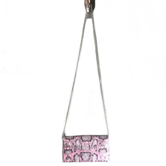NWOT Loeffler Randall Tab Metallic Snakeskin Print Pink Leather Crossbody Clutch - Picture 4 of 11